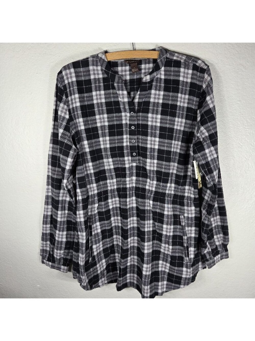 Bit & Bridle Plaid Button Up Tunic Shirt Top Black & White Size L RollTab Sleeve